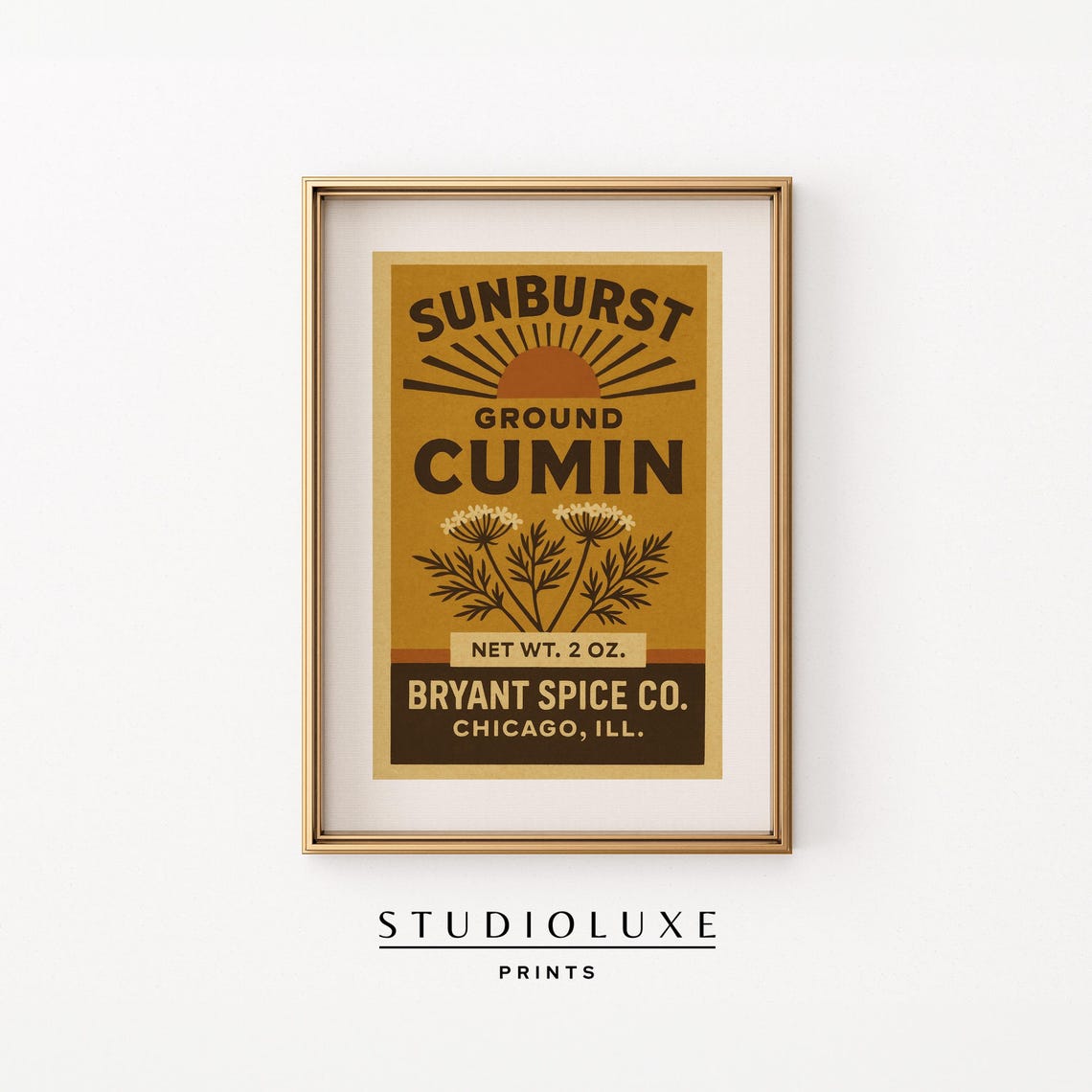 Vintage Coriander Kitchen Wall Art Golden Crown Spice Label Print Retro Pantry Decor Farmhouse Style Herb Illustration