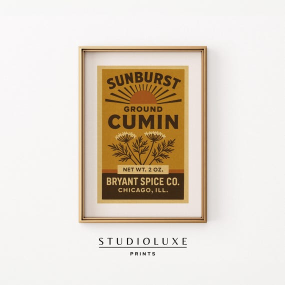 Vintage Coriander Kitchen Wall Art Golden Crown Spice Label Print Retro Pantry Decor Farmhouse Style Herb Illustration