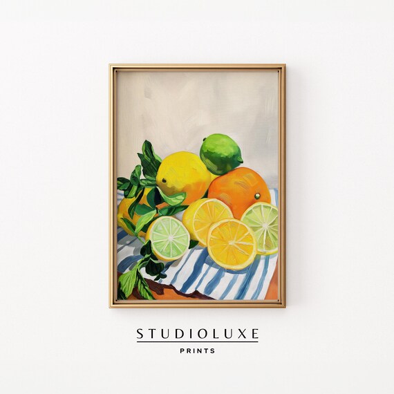 Bright Citrus Still Life Sliced Lemons Striped Cloth Art Poster