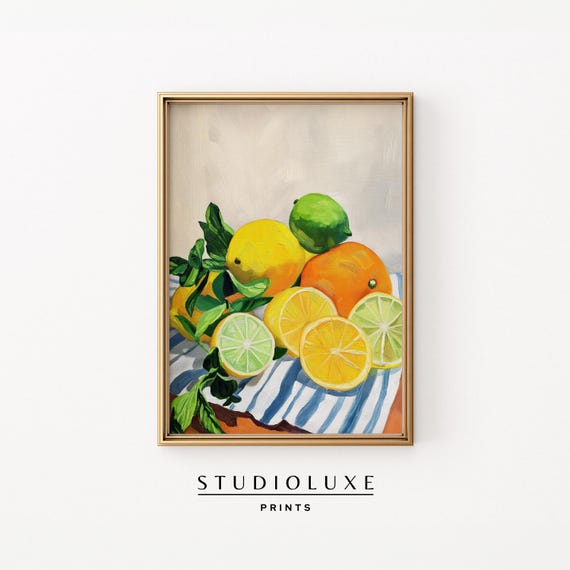 Citrus Still Life Wall Art Lemon Lime Orange Summer Fruit Kitchen Decor Mediterranean Print Coastal Artwork