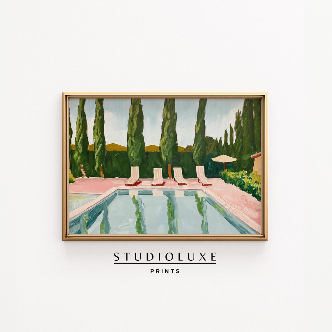 Poolside with Cypress Trees and Pink Deck Oil Painting Poster