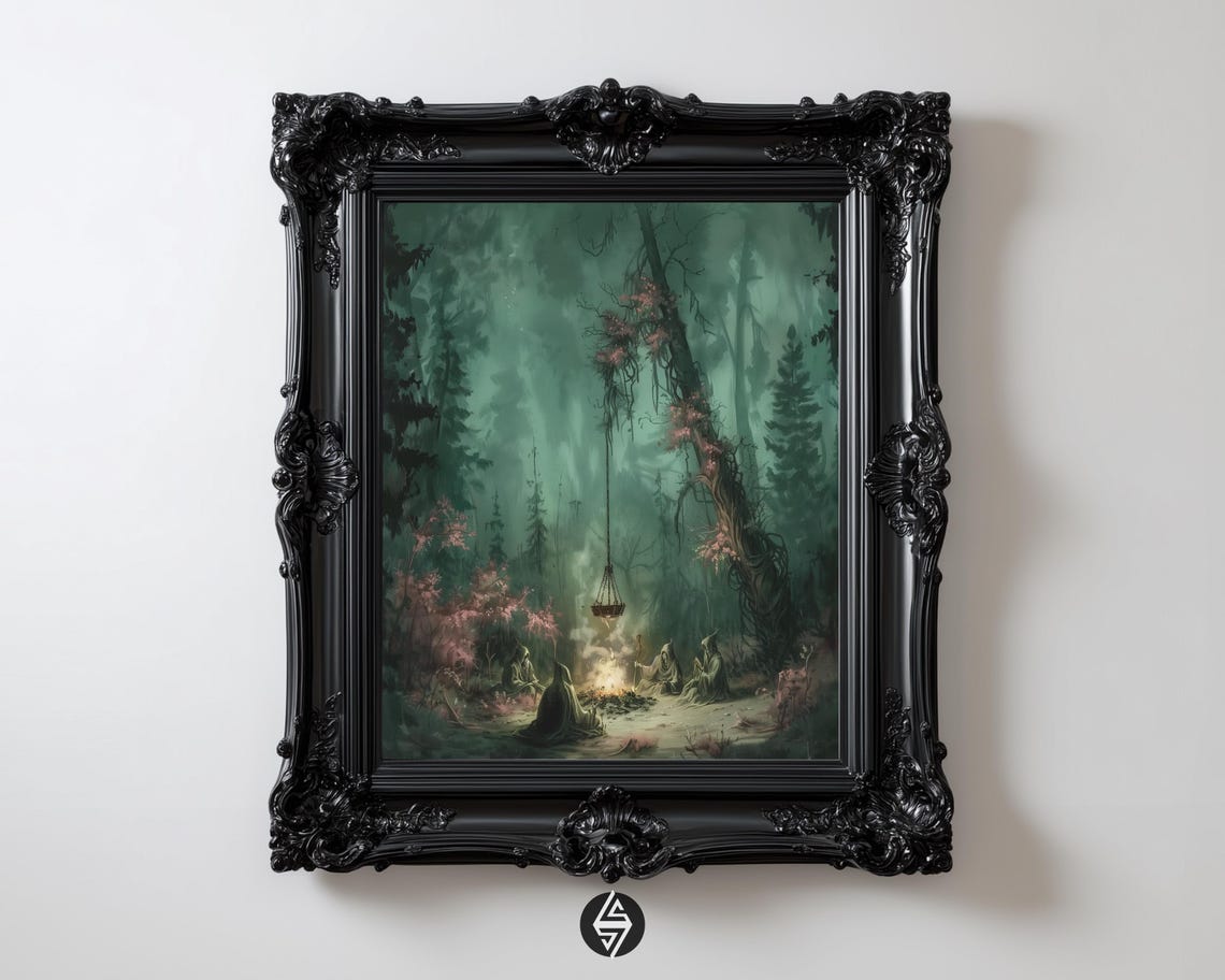 Gothic Witch Coven Forest Ritual Hanging Cauldron Dark Art Poster