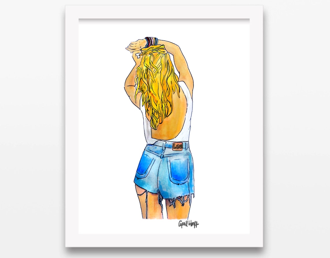 Blonde Girl Denim Shorts Watercolor Fashion Print Carefree Summer Look - Image 3