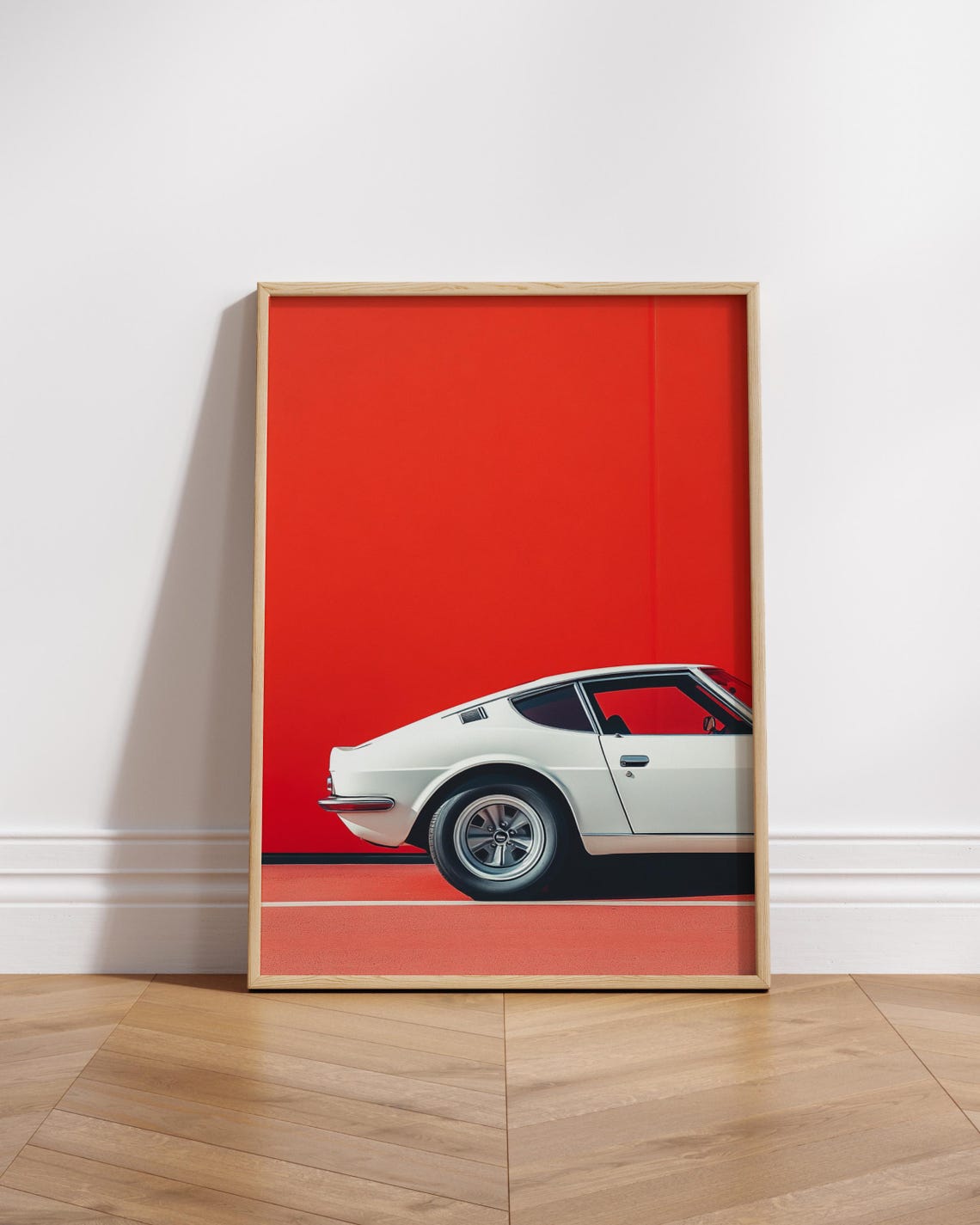 White Classic Sports Coupe Minimalist Red Background Car Art Poster