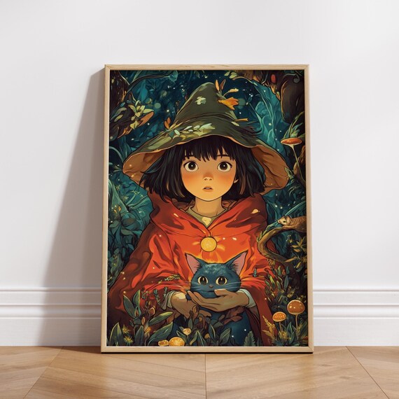 Whimsical Girl Cat Posters Enchanting Forest Kids Room Wall Art Gift Nature Lovers Cute Home Decor