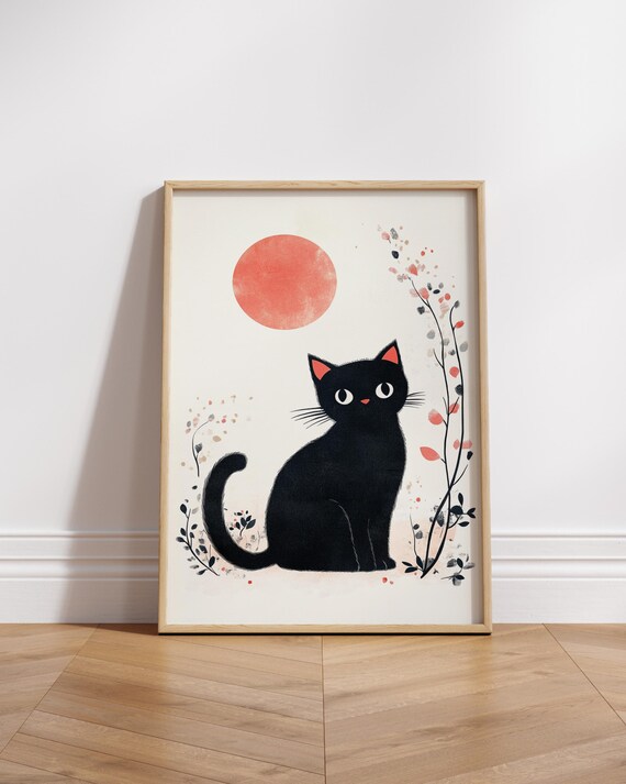 Charming Cat Art Poster Whimsical Black Wall Decor Cute Animal Print Home Gift For Lovers