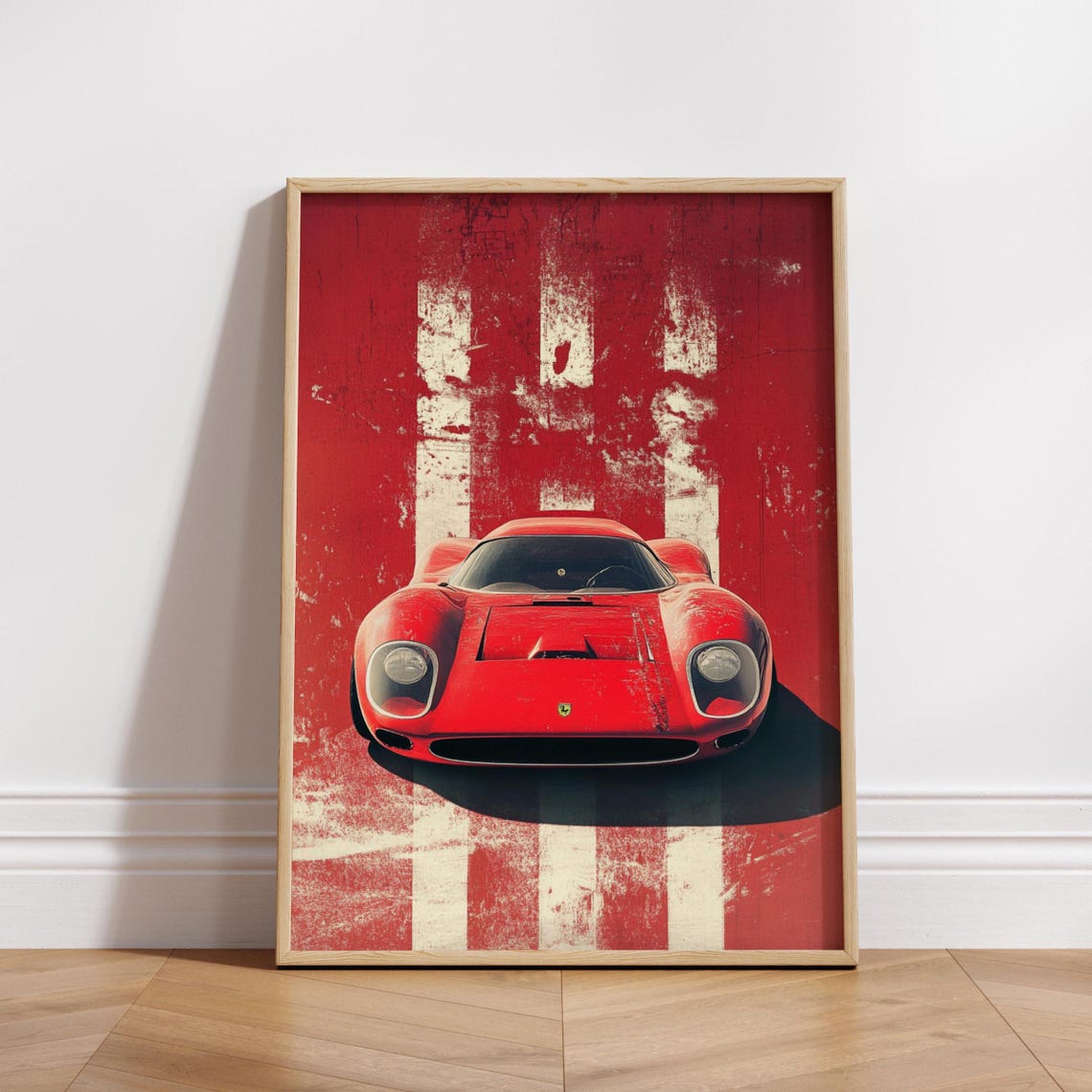 Classic Red 60s Race Car Distressed Stripes Vintage Auto Poster