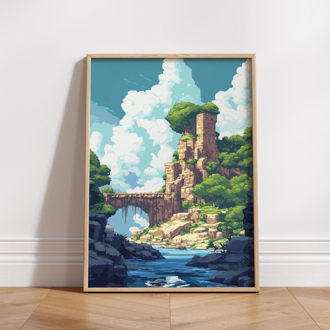 Mystic Forest Stone Tower Waterfall Pixel Art Fantasy Gaming Poster