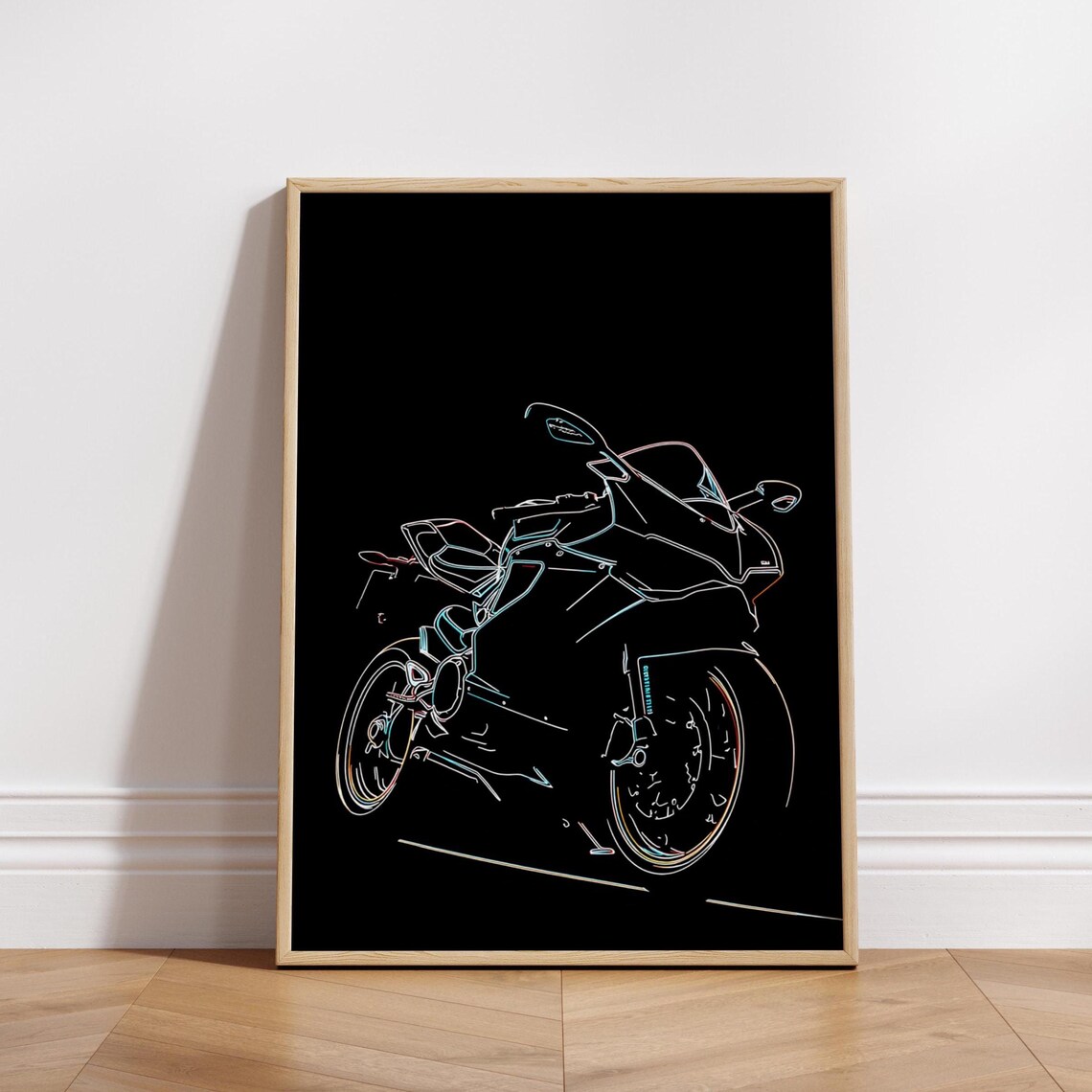 Motorcycle Neon Line Art, Modern Sport Bike Poster