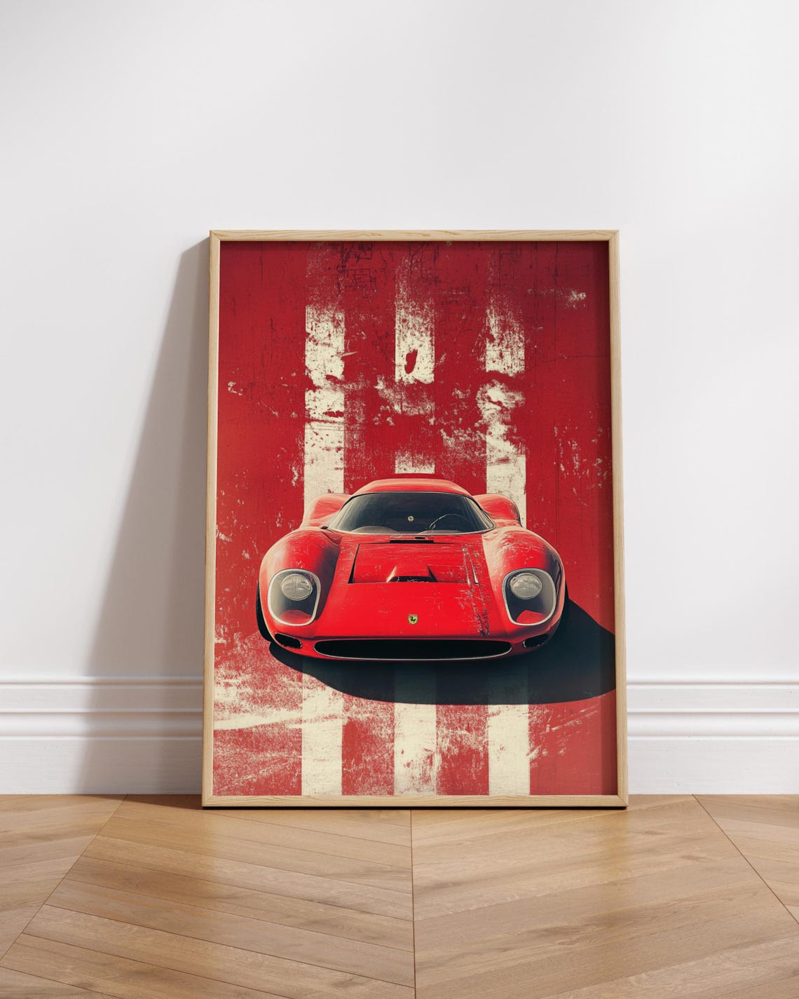 Vintage 60s Race Car Front View Red Distressed Retro Speed Poster