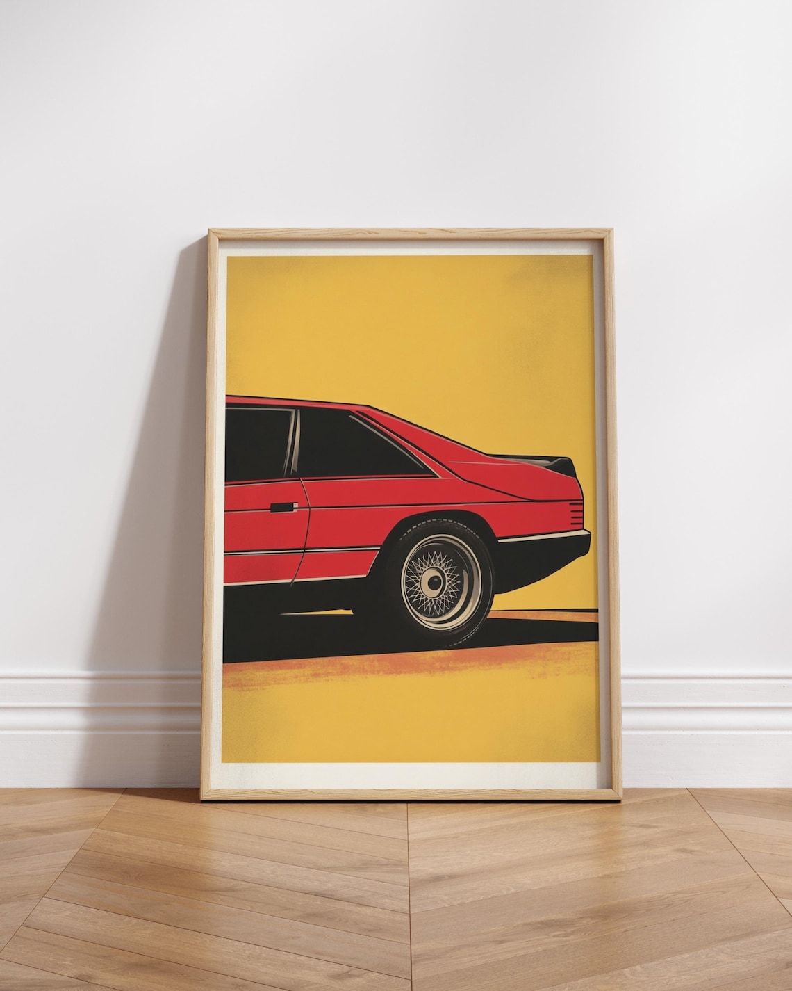 Red 1980s Sports Car Retro Mustard Yellow Graphic Garage Poster