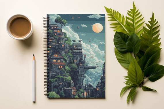 Dreamy 8 Bit Pixelated City Spiral Notebook Ruled Line Journaling Sketching Gifts School Ecofriendly