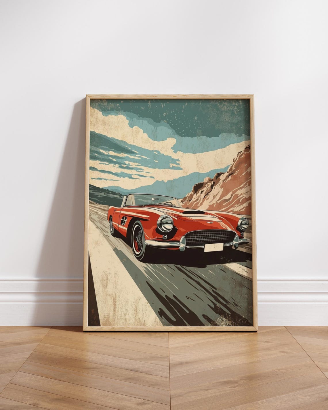 Vintage Red Convertible Desert Road Retro Automobile Trip Poster