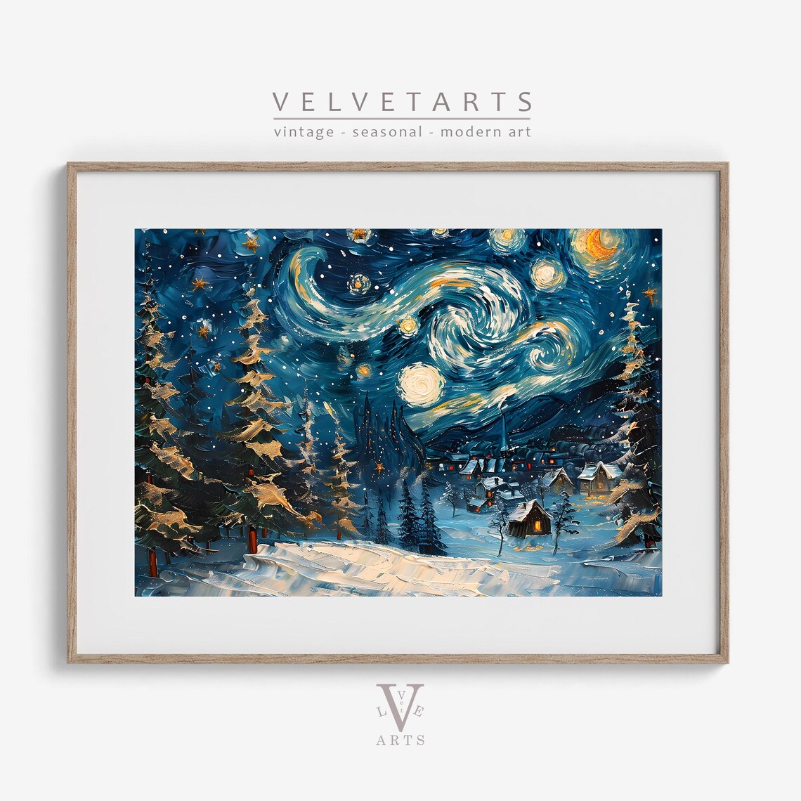 Swirling Starry Night Village Winter Snow Impasto Style Wall Art Print