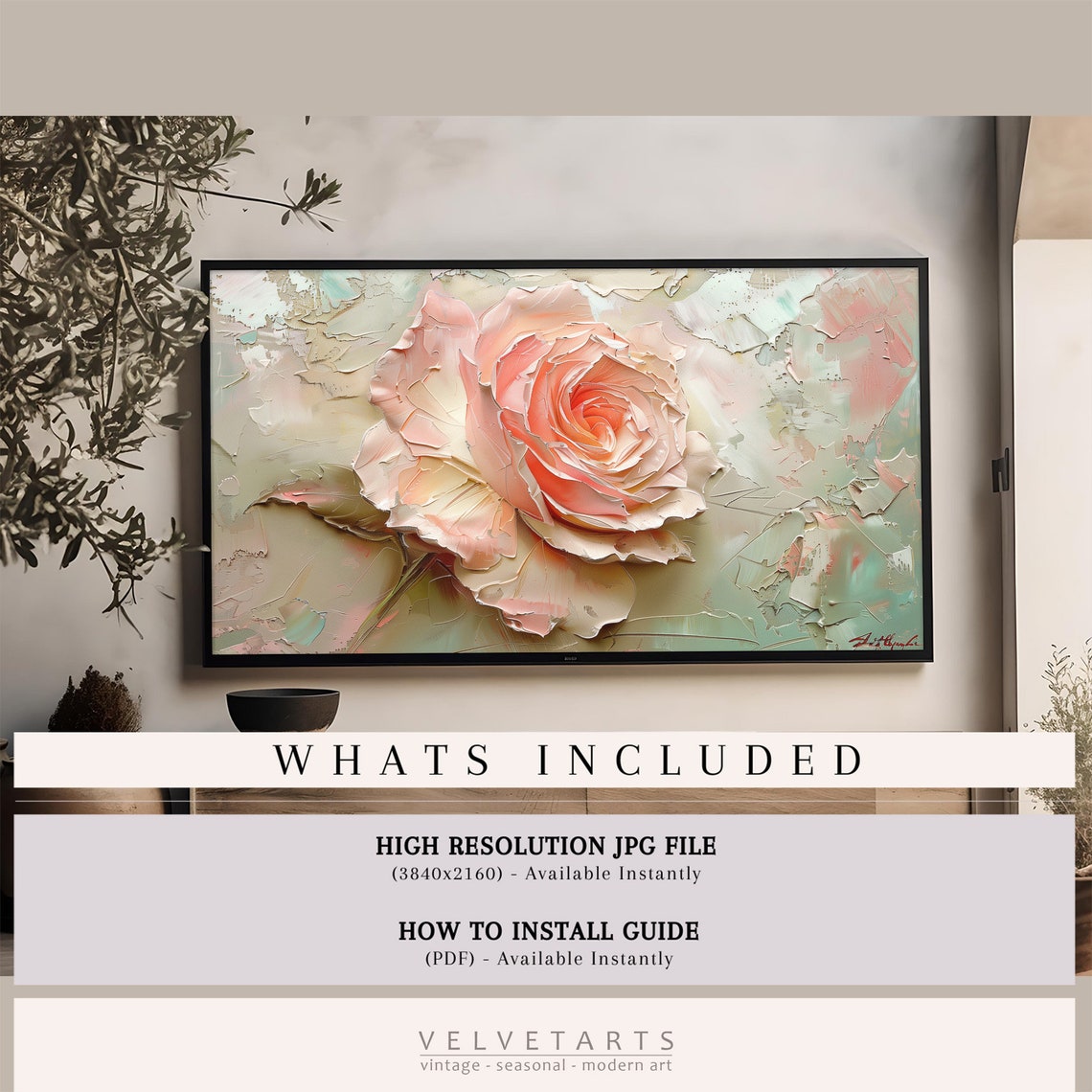 Peach Rose Elegance Textured Impasto Floral Painting Wall Art - Image 4