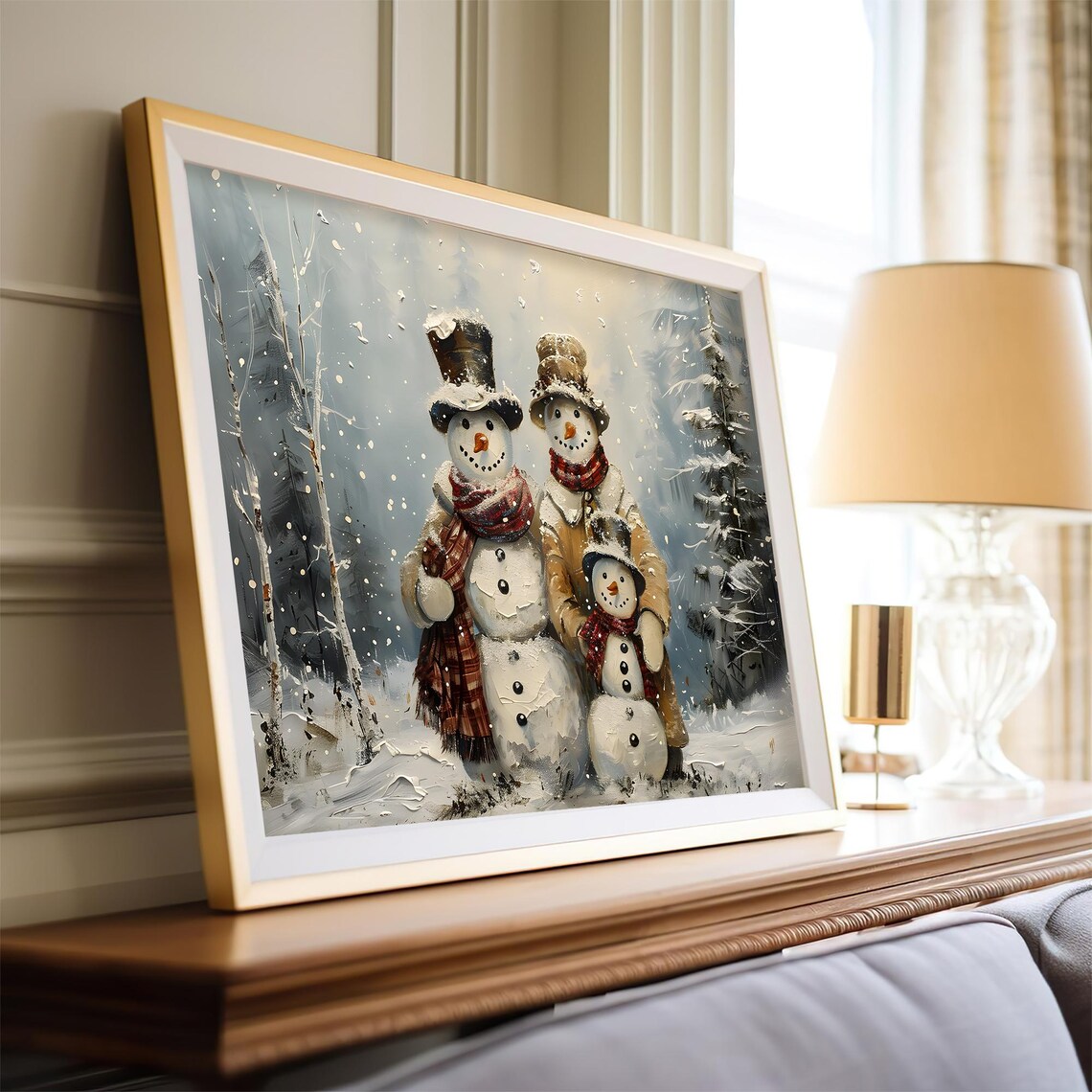 Snowman Family Portrait in Falling Snow With Plaid Scarves Poster