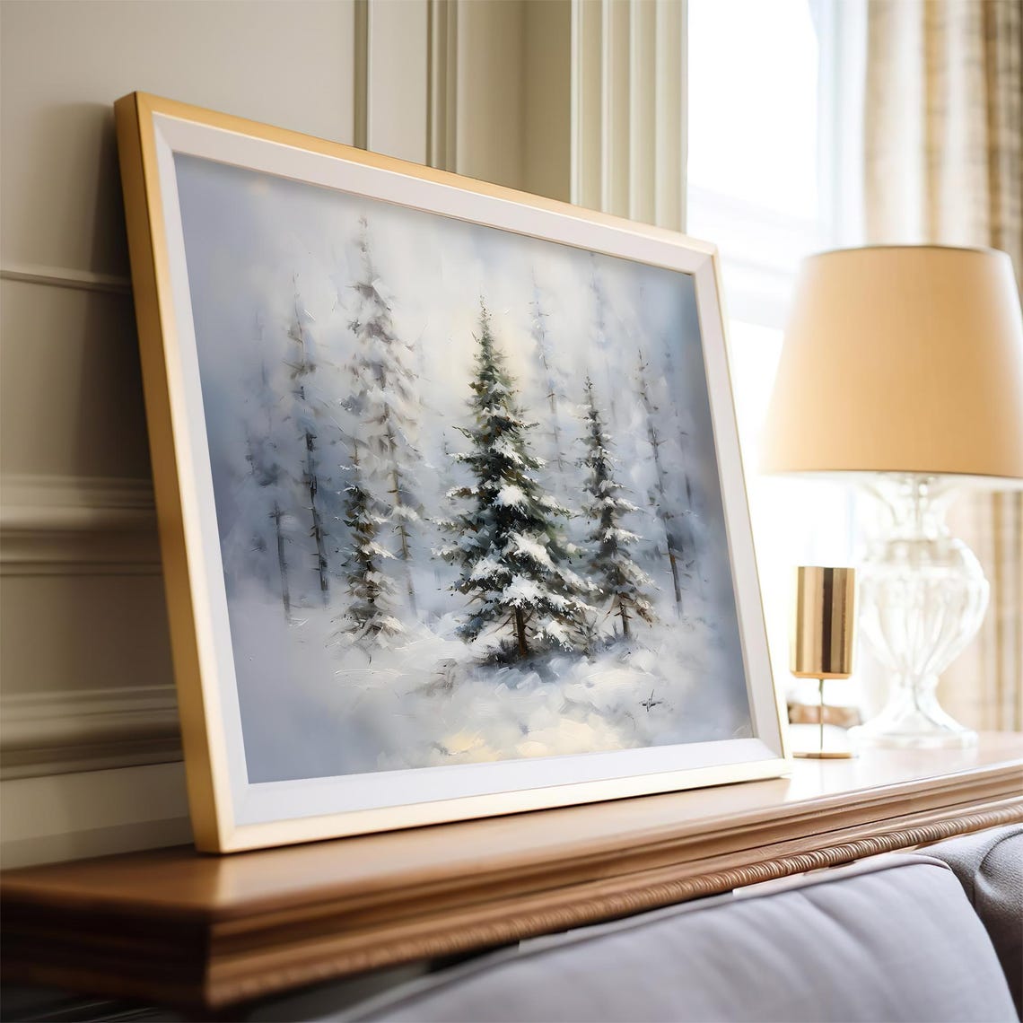 Snowy Evergreen Trees in a Misty Winter Forest Soft Painting Poster - Image 4