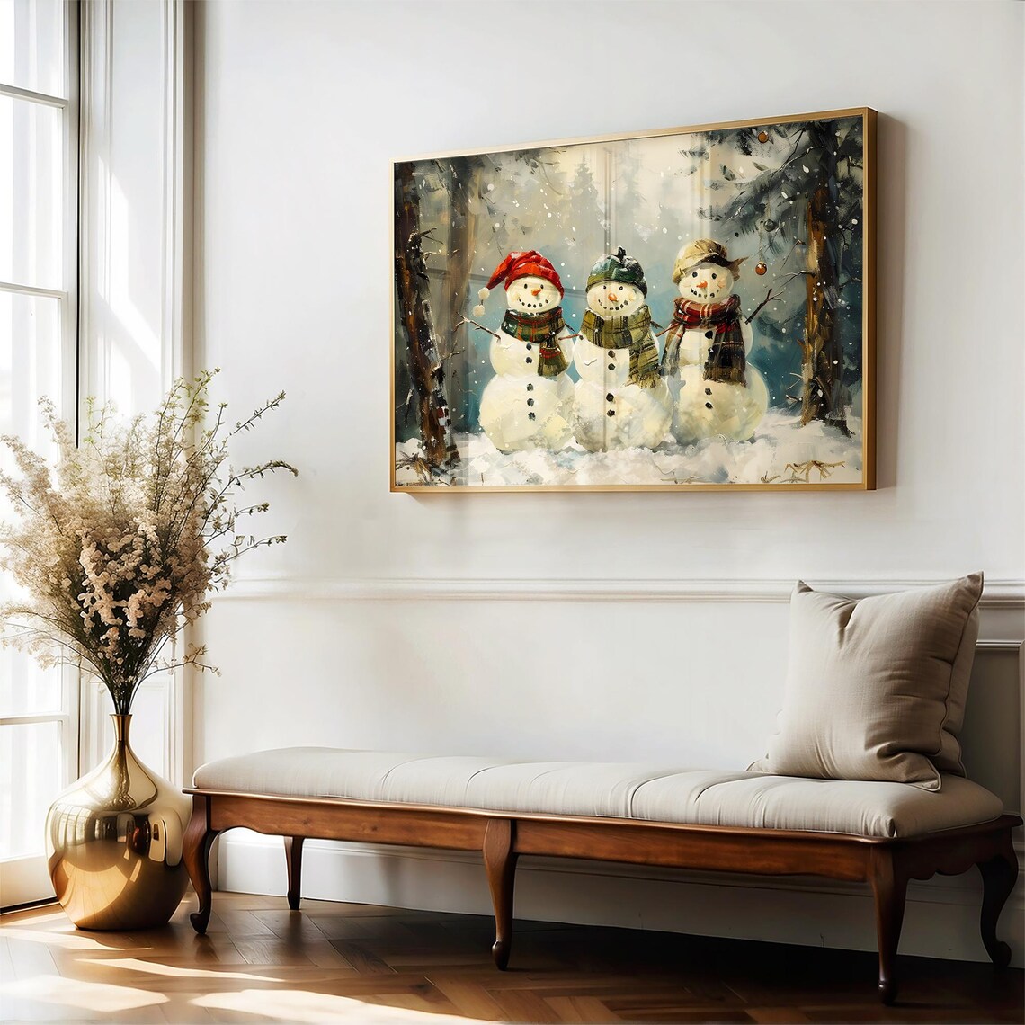 Frosty Snowman Trio With Festive Hats in Snowy Woods Wall Art - Image 4