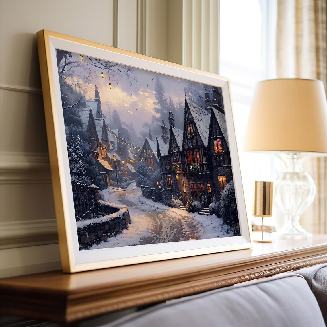 Twilight Snowy Village Tudor Cottages Glowing Windows Wall Art Print - Image 4