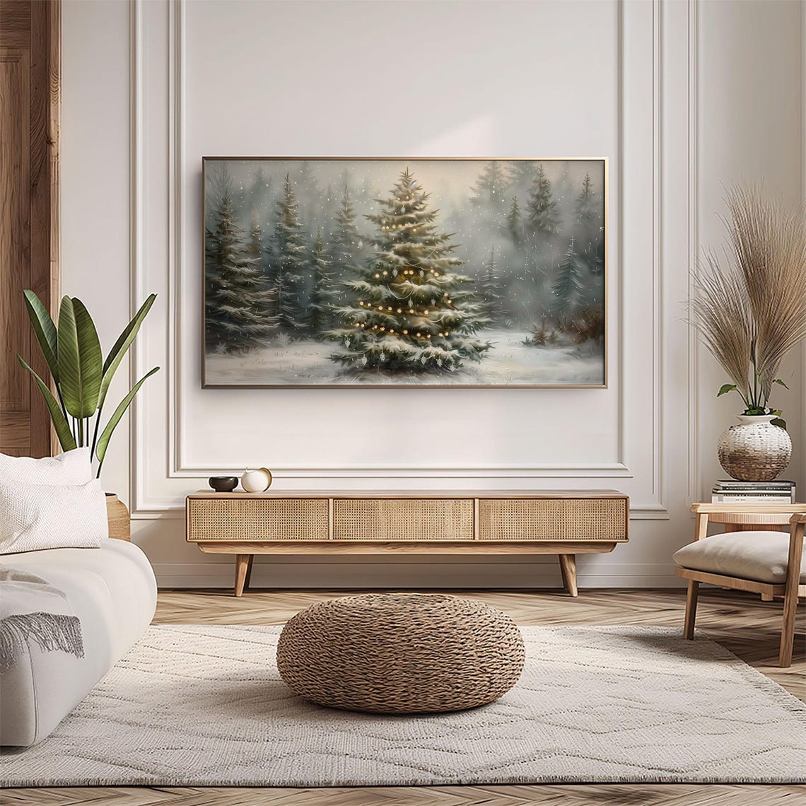 Snowy Christmas Tree Lights Misty Winter Forest Painting Poster - Image 5