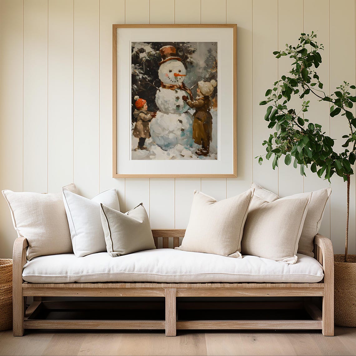 Two Children Building a Big Snowman With Top Hat Winter Poster - Image 4