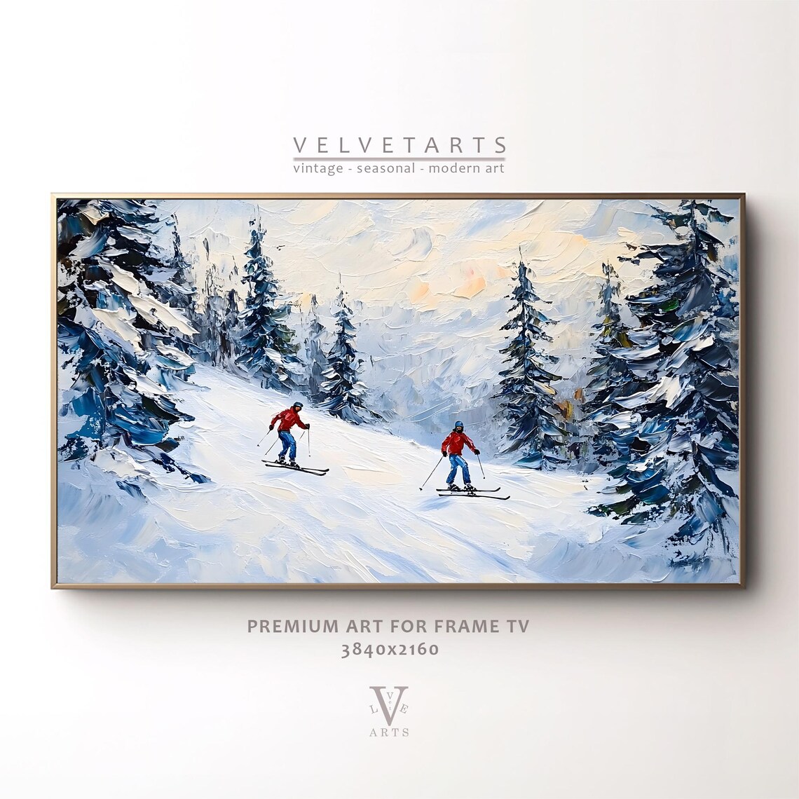 Frame Tv Art Skiers On Snowy Mountain Christmas Decor Winter Festive Painting Farmhouse Art Christmas Tv0225