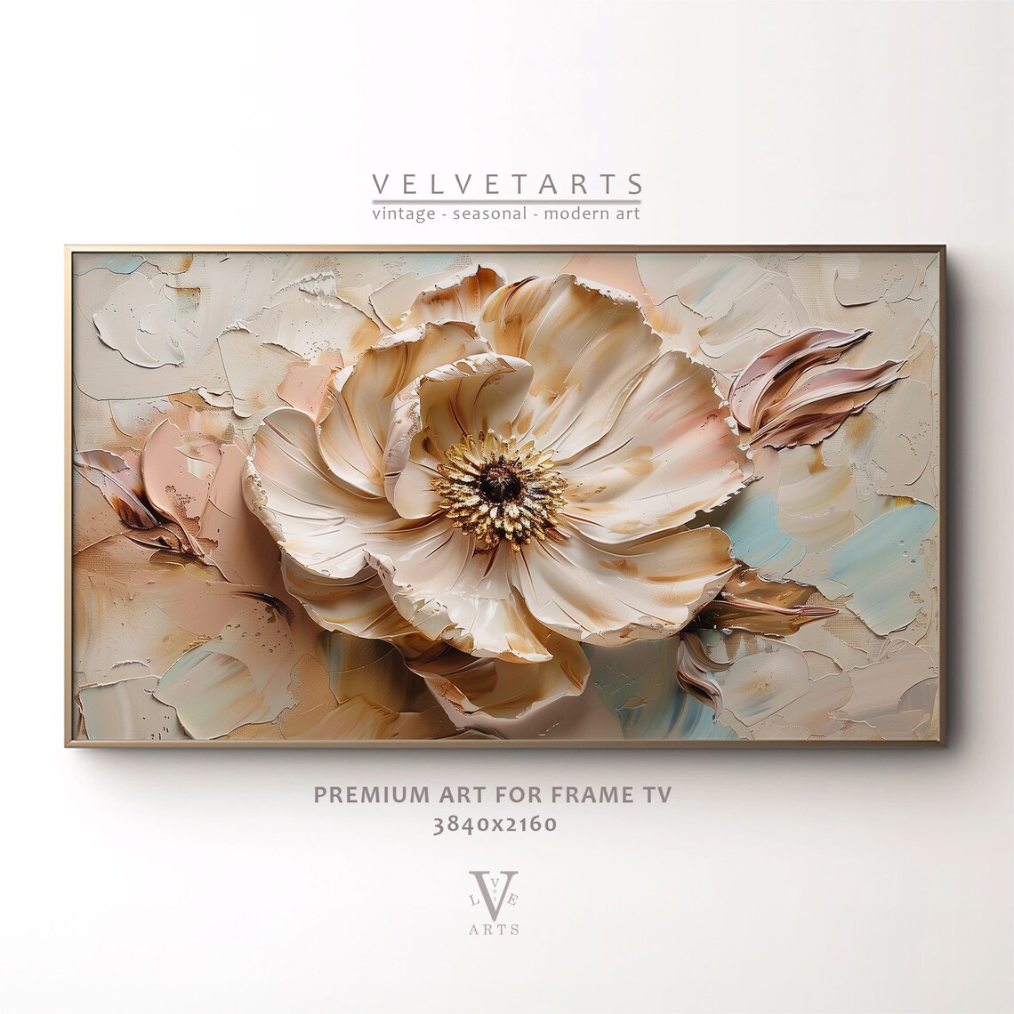 Ivory Peony Golden Center Impasto Floral Textured Painting Wall Art