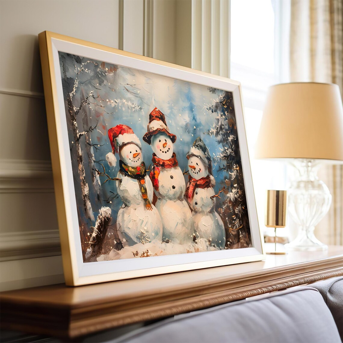 Festive Friends Snowman Vintage Painting Christmas Print Farmhouse Christmas Christmas Wall Art Vp0181
