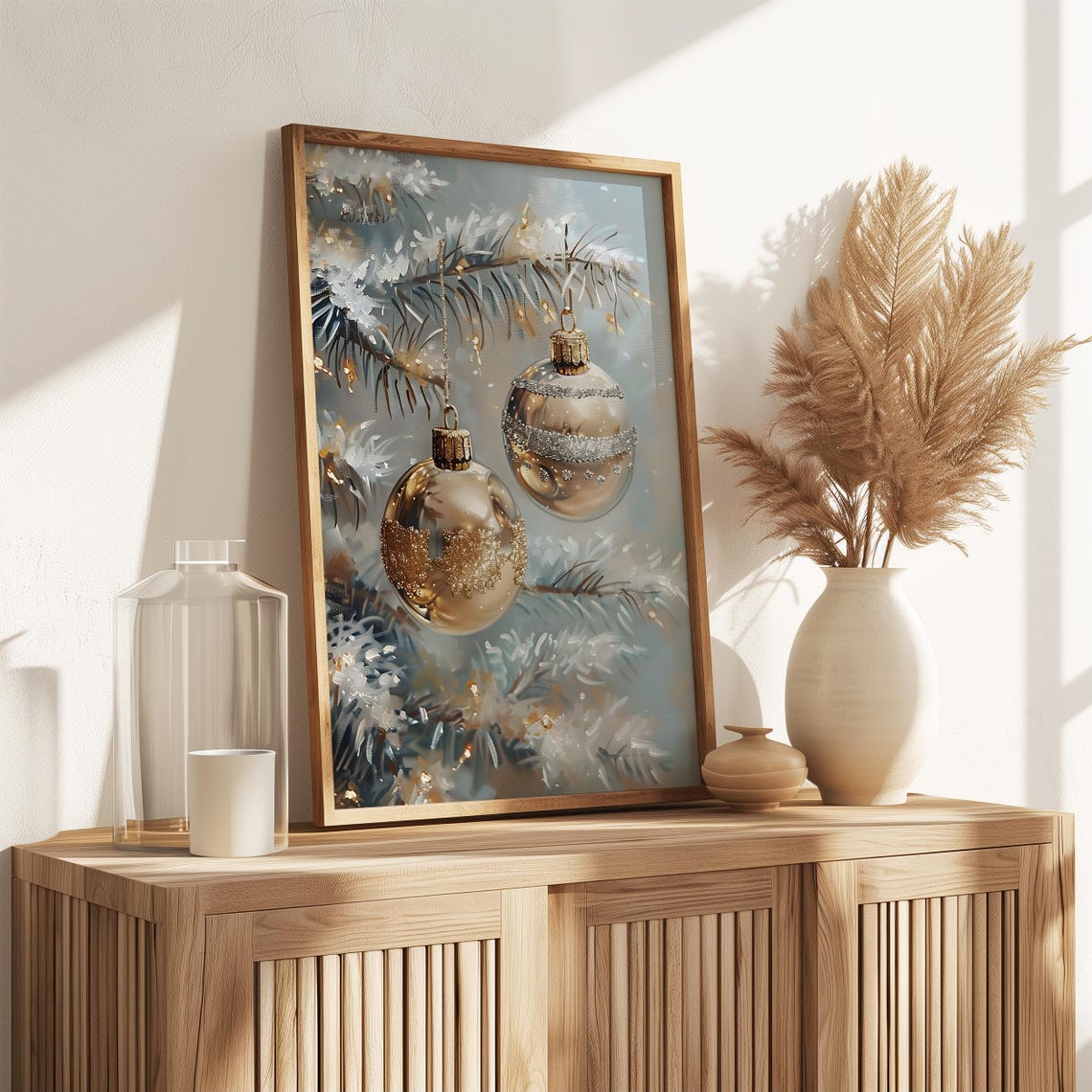 Frosted Golden Baubles Snowy Pine Branches Elegant Wall Art Poster - Image 3