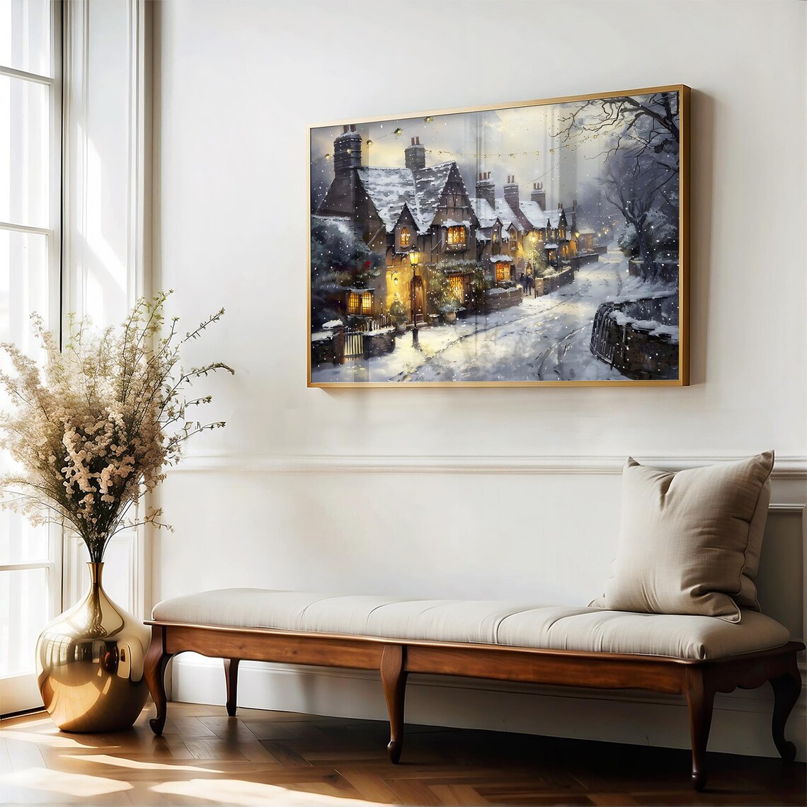 Snowy Cottage Street Night Lights Vintage Christmas Wall Art Poster - Image 5
