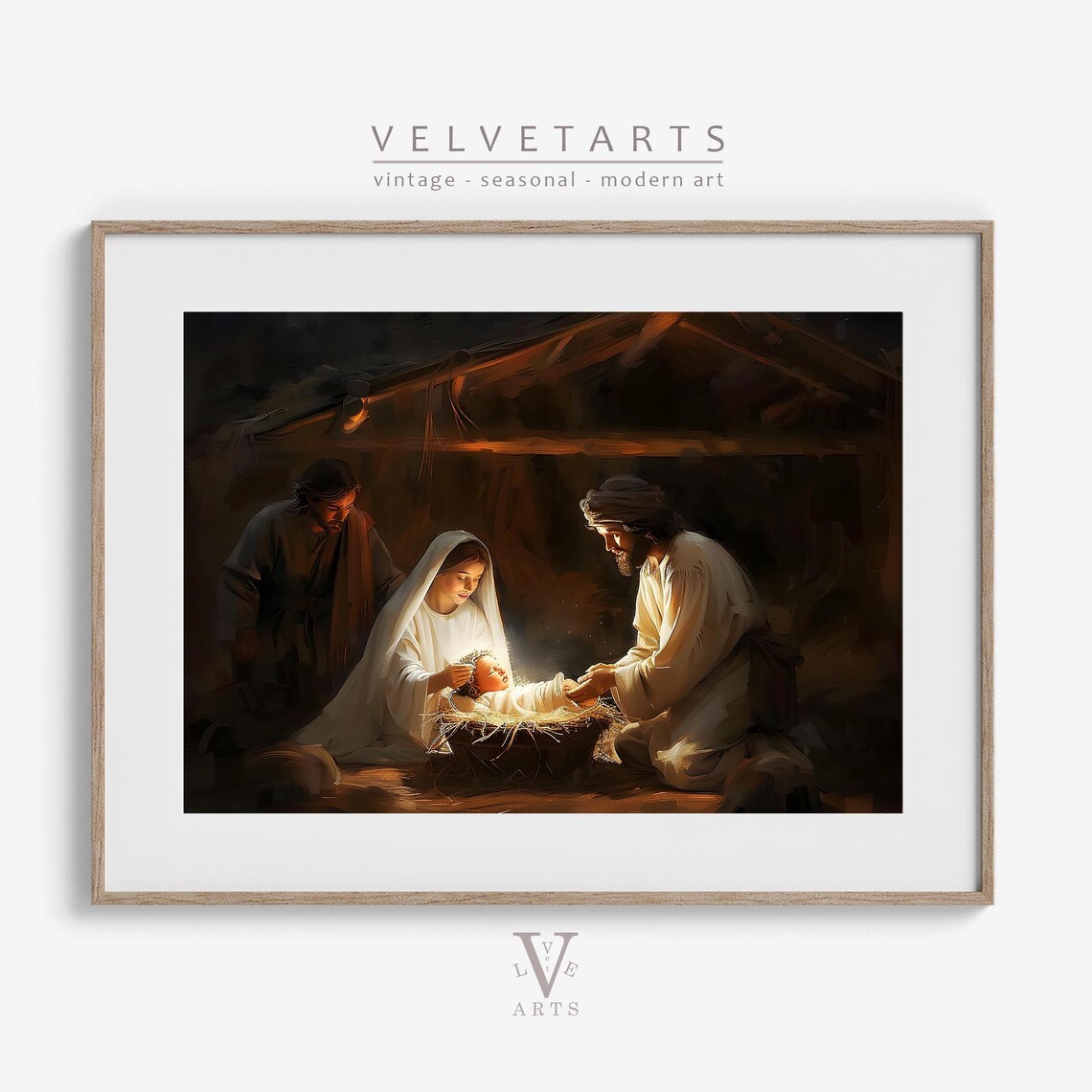 Glowing Nativity Manger Scene Holy Family Vintage Christmas Wall Art Print