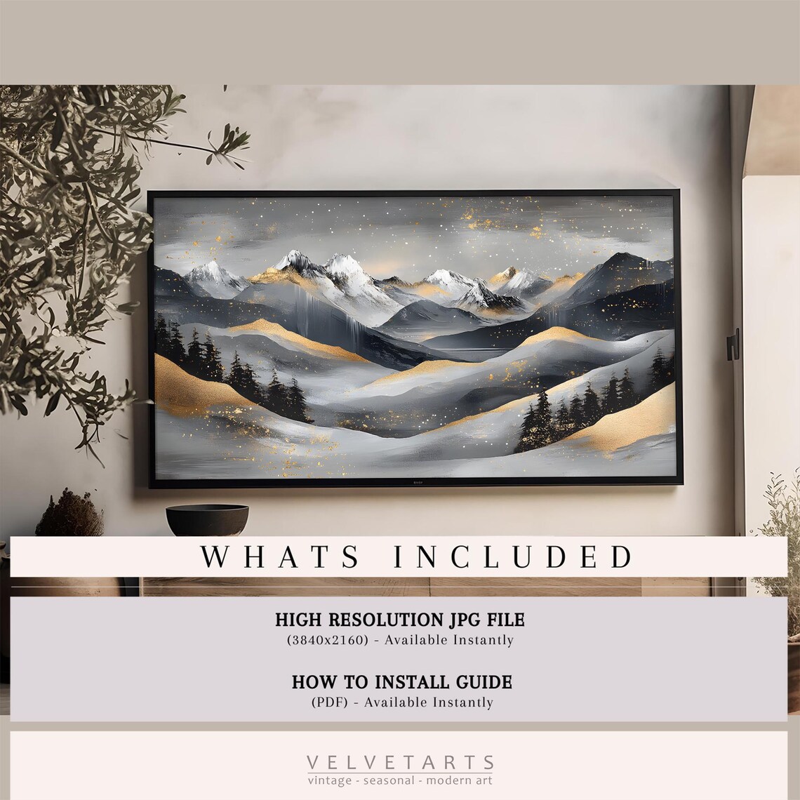 Golden Snowy Mountain Peaks and Pine Forest Abstract Wall Art