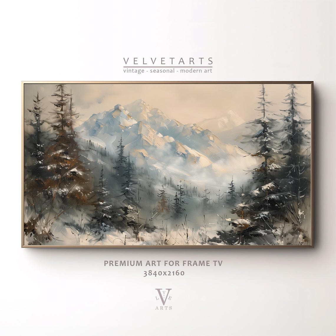 Snow Covered Mountain Peaks and Pines in Soft Mist Winter Poster - Image 5