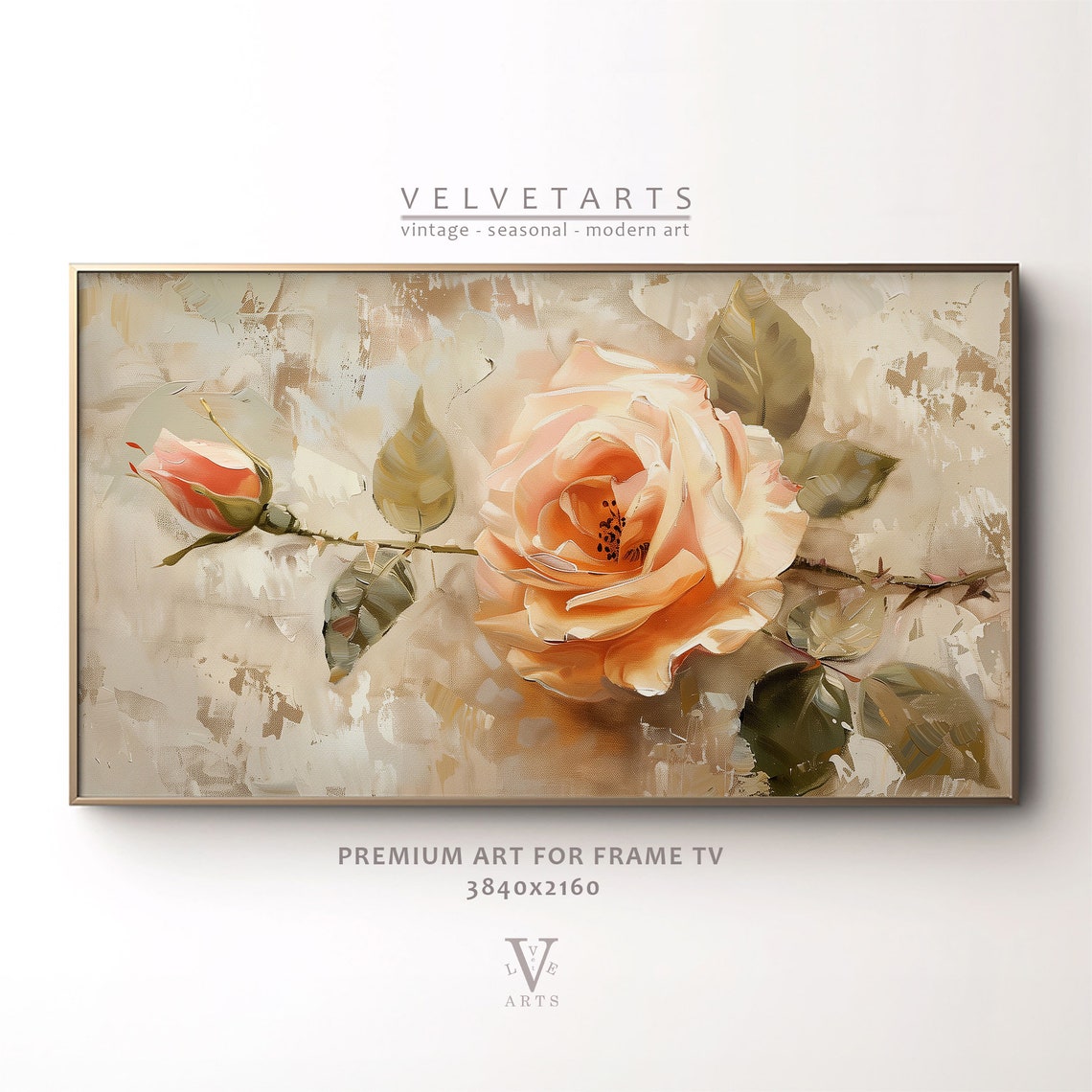 Peach Rose Blossom Vintage Still Life Floral Oil Painting Poster