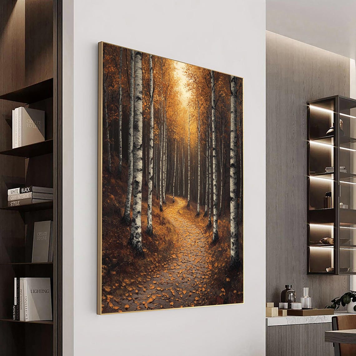 Golden Birch Forest Path Covered In Autumn Leaves Painting Poster - Image 3