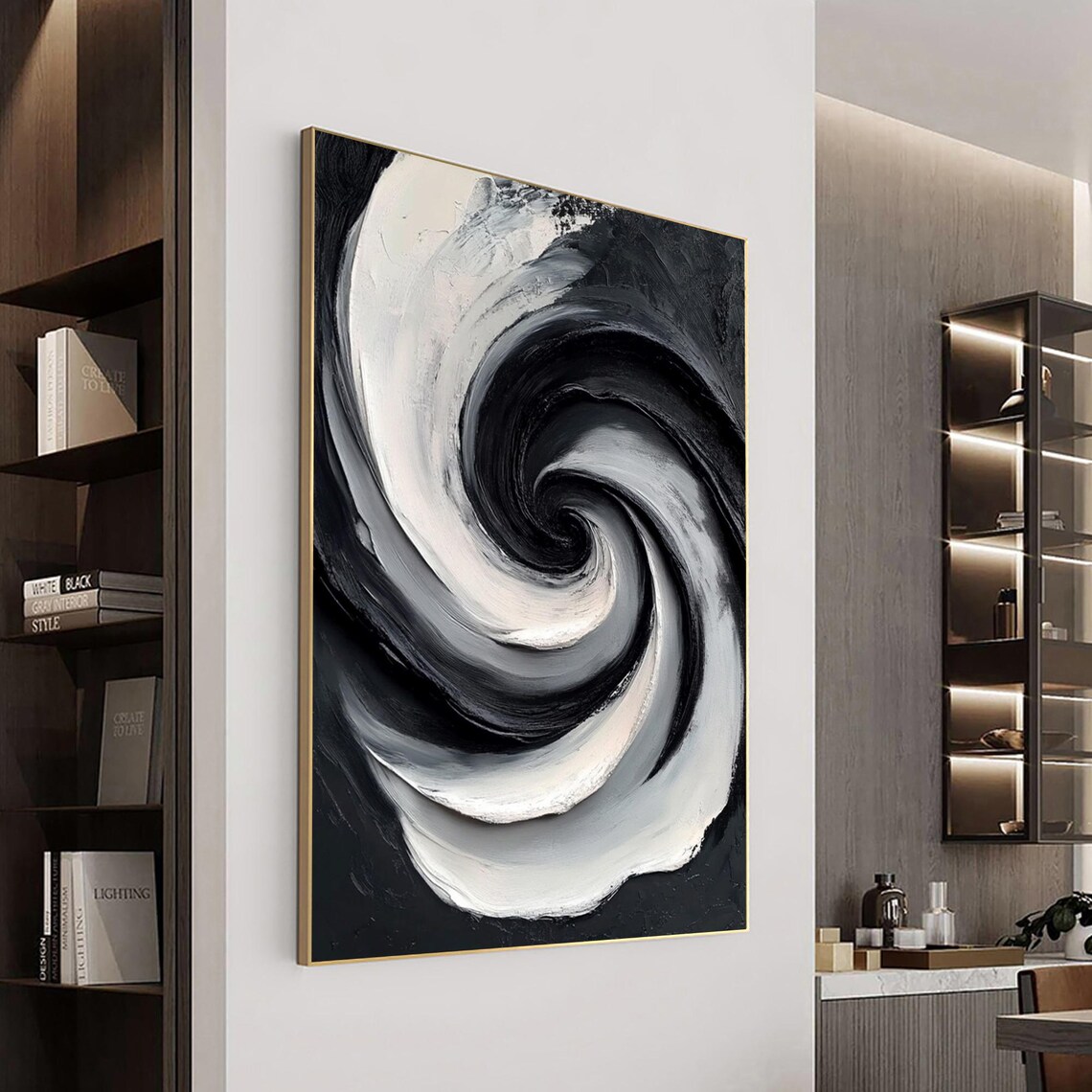 Black And White Spiral Swirl Modern Abstract Oil Painting Poster - Image 3