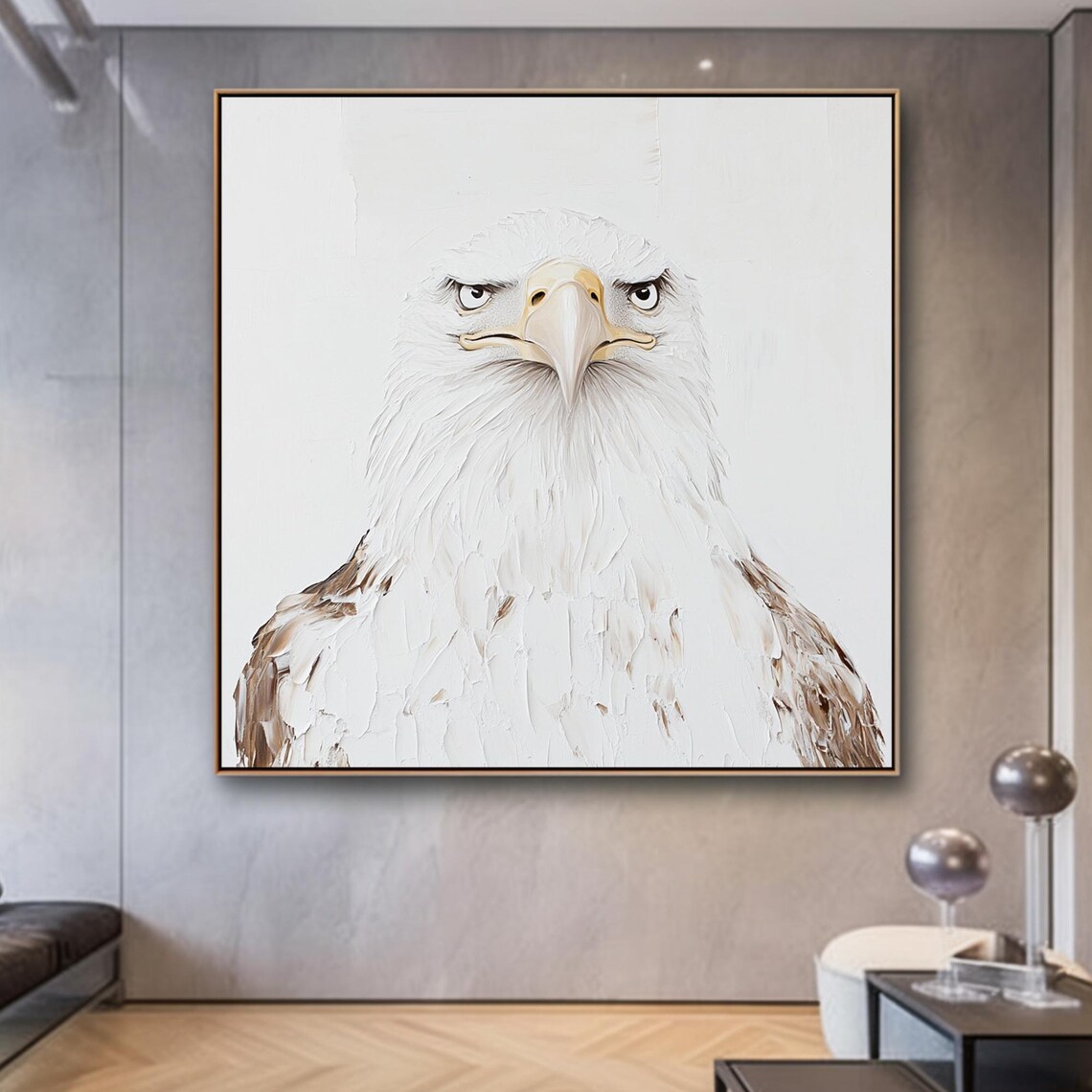 Fierce Bald Eagle Portrait White Textured Oil Painting Poster - Image 3
