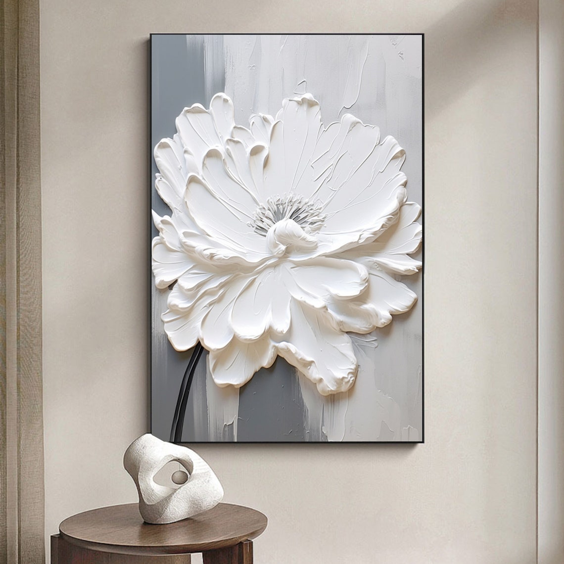 White Peony Bloom Gray Background Textured Floral Elegant Poster - Image 3
