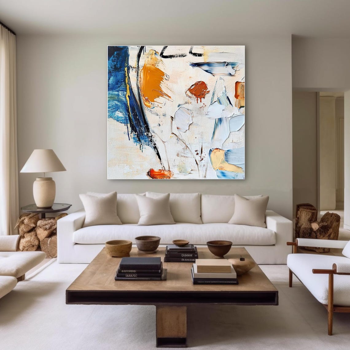 White Blue Orange Abstract Impasto Painterly Strokes Minimal Poster - Image 2