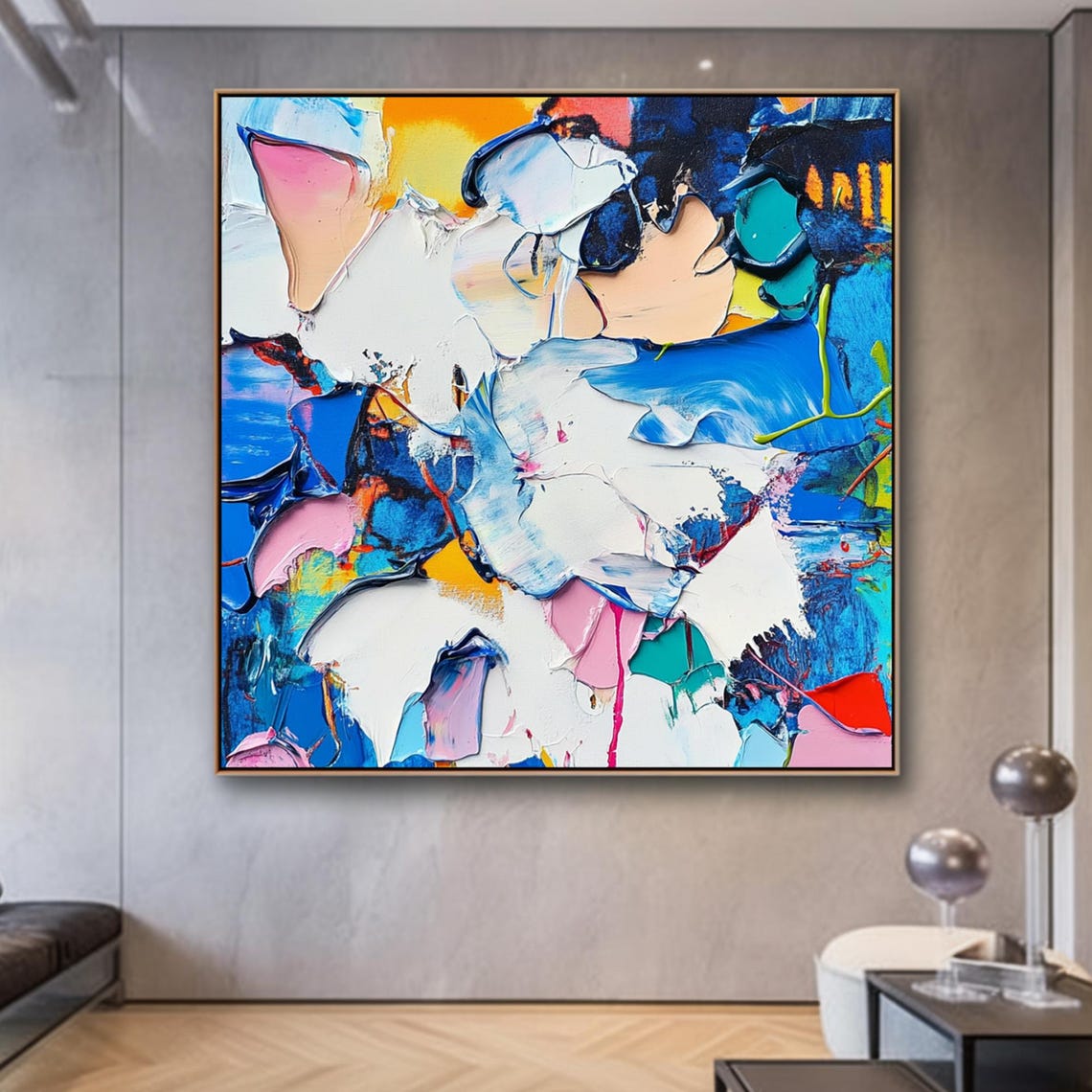 Bold Colorful Abstract Impasto Blue Pink White Expressive Art Poster - Image 3