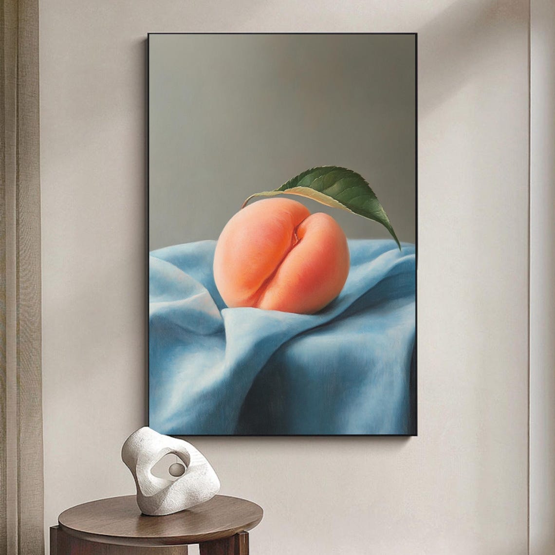 Realistic Ripe Peach Still Life Painting On Blue Silk Cloth Poster - Image 3