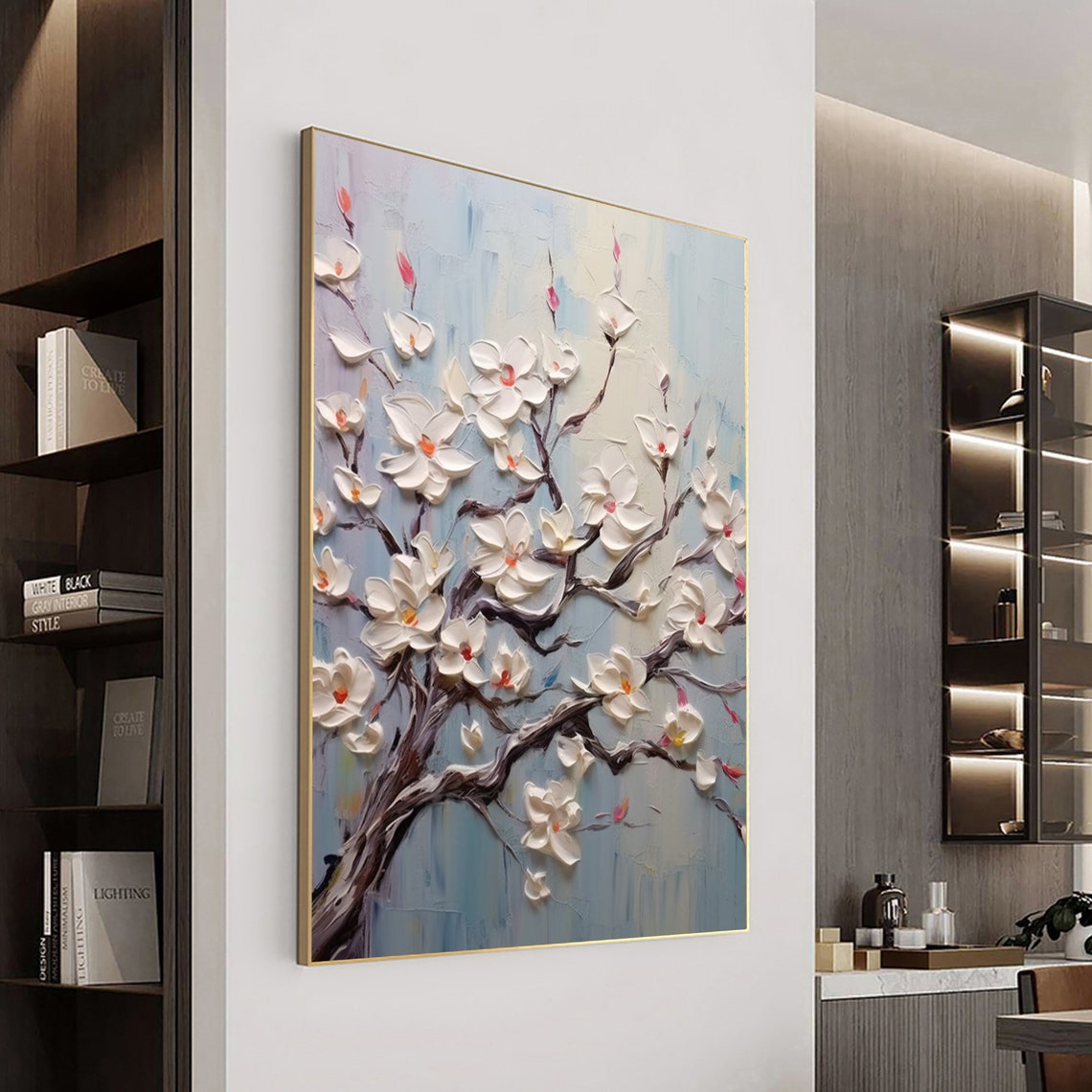 White Magnolia Blossoms On Dark Branches Vertical Painting Poster - Image 3