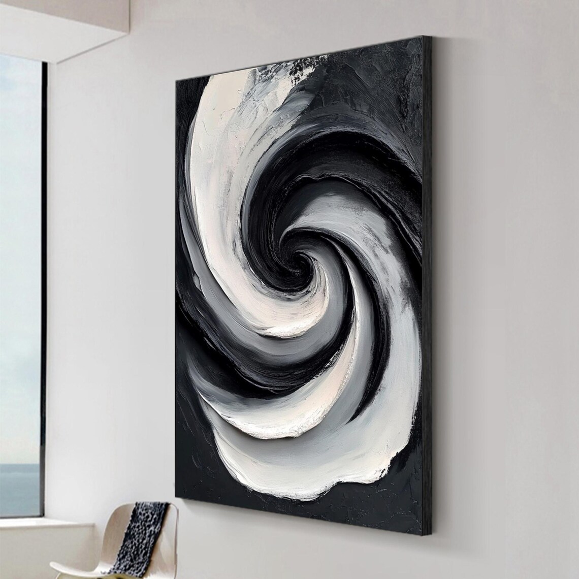 Black And White Spiral Swirl Modern Abstract Oil Painting Poster - Image 2