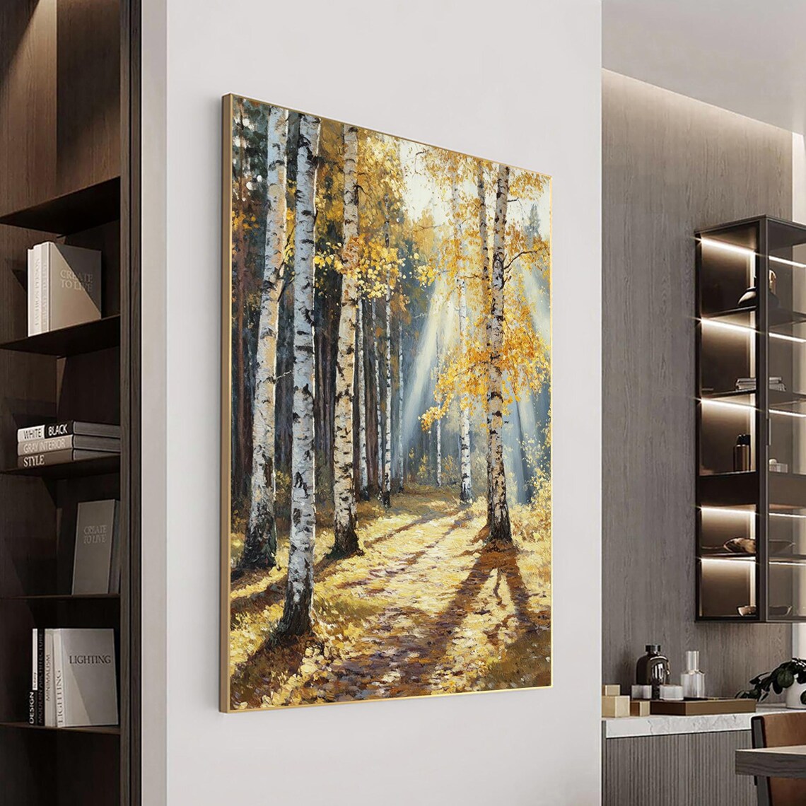 Autumn Birch Forest With Golden Sun Rays Landscape Painting Poster - Image 3