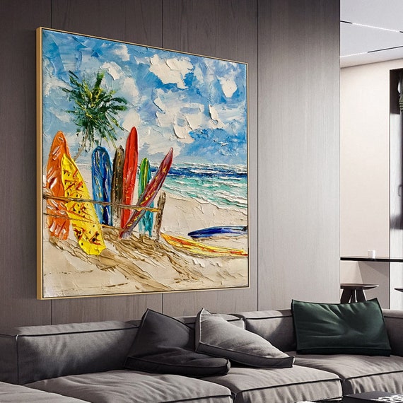 Sunshine Beach Abstract Wall Art Acrylic Painting Kids Room Decor Surfboard Wall Art Living Room Art Landscape Painting Extra Large Wall Art