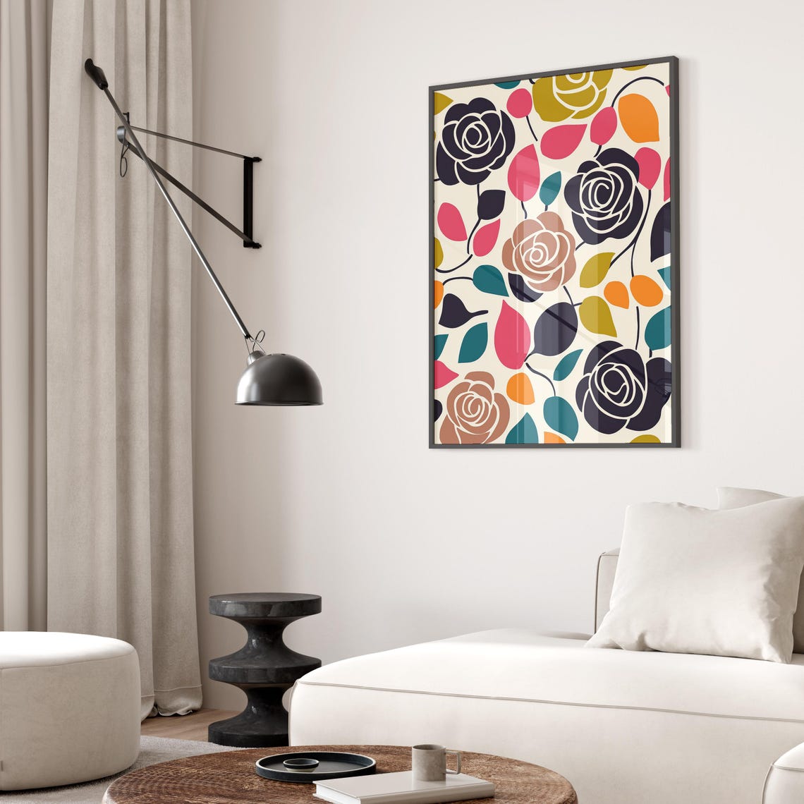 Boho Mid Century Roses Print Matisse Bold Abstract Floral Pattern Retro Botanical Wall Art - Image 2