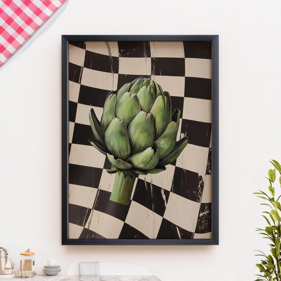 Retro Artichoke Kitchen Art Print Food Poster Vintage Vegetable On Checkerboard Printed On Luxury Paper