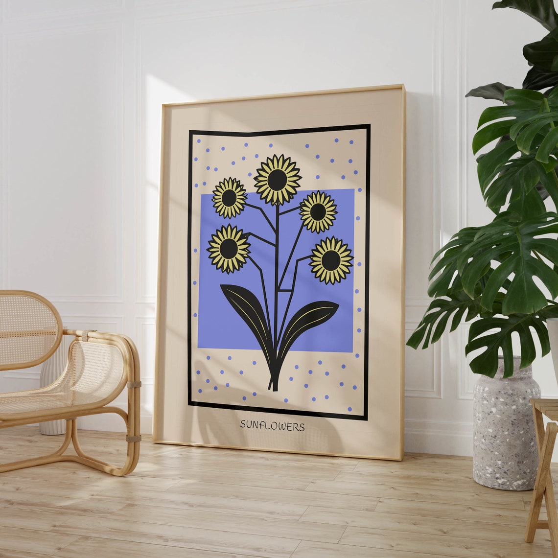 Yellow Sunflowers Periwinkle Blue Background Retro Floral Poster