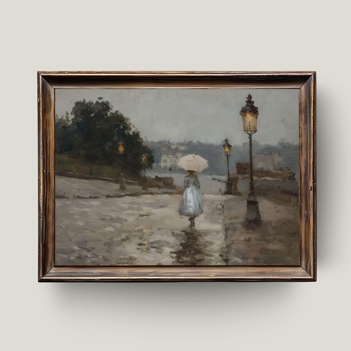 Rainy City Street with Woman Holding Umbrella Vintage Night Scene Poster