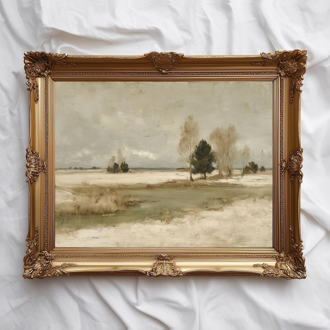 Serene Snowy Winter Field Landscape Oil Painting Style Poster